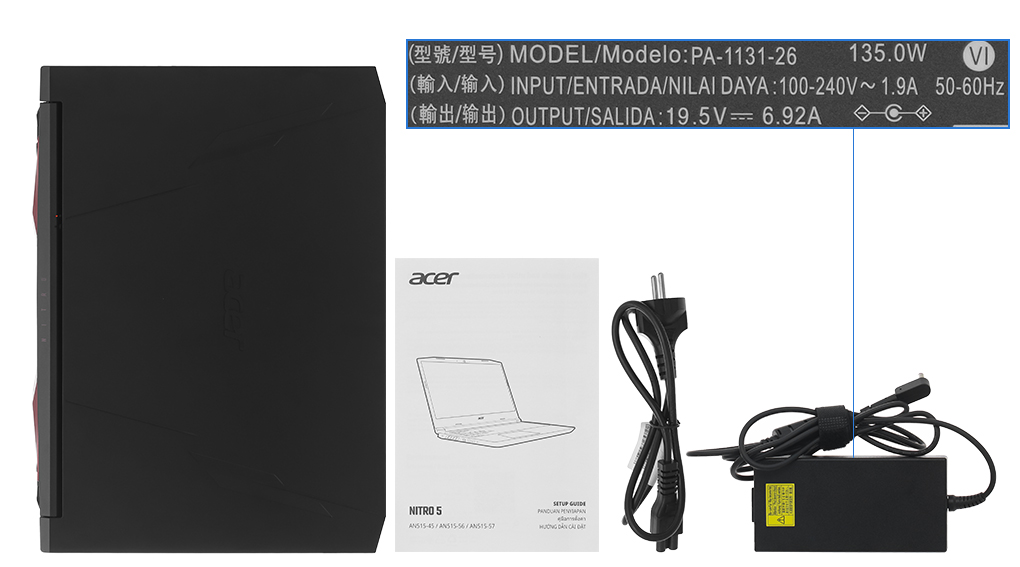 Bộ sản phẩm gồm: Dây nguồn, Sách hướng dẫn, Thùng máy, Sạc Laptop Acer