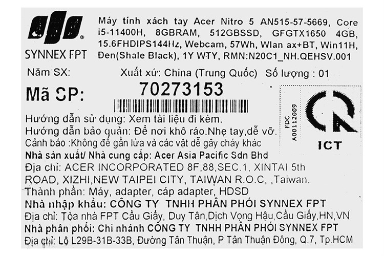 Laptop Acer Gaming Nitro 5 AN515 57 5669 i5 11400H/8GB/512GB/144Hz/4GB GTX1650/Win11 (NH.QEHSV.001) Màu Đen