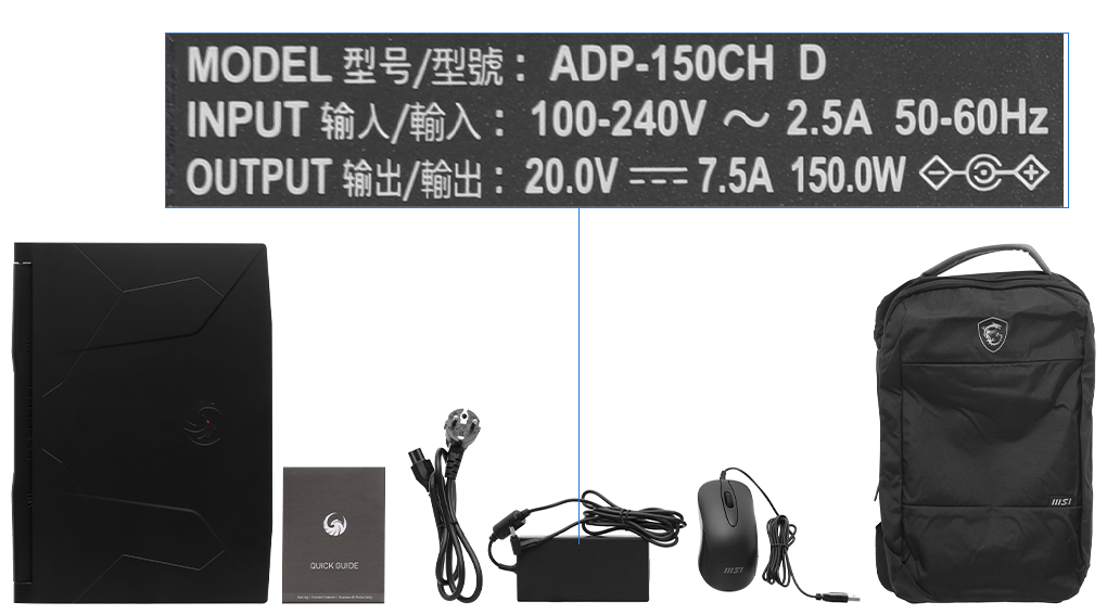 Bộ sản phẩm gồm: Dây nguồn, Sách hướng dẫn, Thùng máy, Sạc Laptop MSI