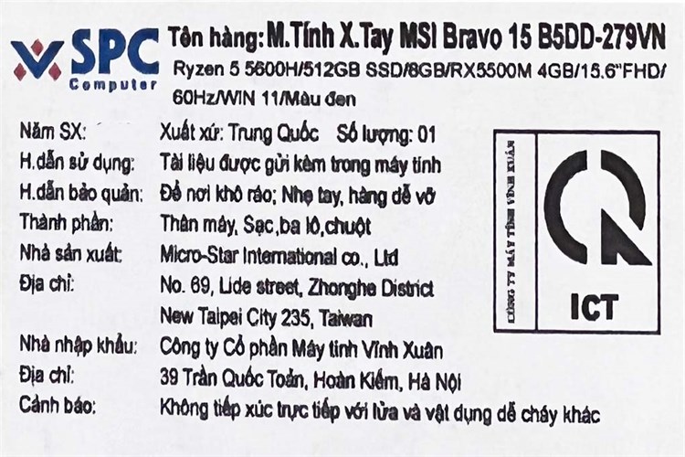 Laptop MSI Gaming Bravo 15 B5DD R5 5600H/8GB/512GB/4GB RX5500M/Balo/Chuột/Win11 (279VN) Màu Đen