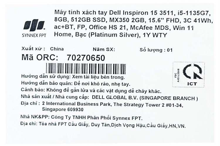 Laptop Dell Inspiron 15 3511 i5 1135G7/8GB/512GB/2GB MX350/Office H&S/Win11 (70270650) Màu Bạc