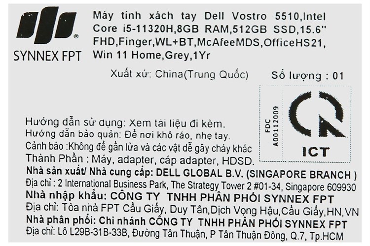 Laptop Dell Vostro 5510 i5 11320H/8GB/512GB/Office H&S/Win11 (70270646) Màu Xám