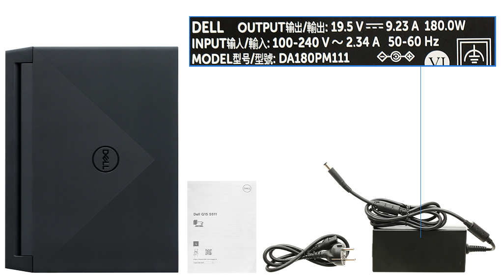 Bộ sản phẩm gồm: Dây nguồn, Sách hướng dẫn, Thùng máy, Sạc Laptop Dell