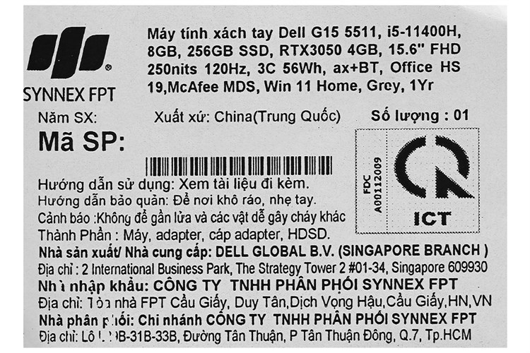 Laptop Dell Gaming G15 5511 i5 11400H/8GB/256GB/4GB RTX3050/120Hz/OfficeHS/Win11 (70266676) Màu Xám