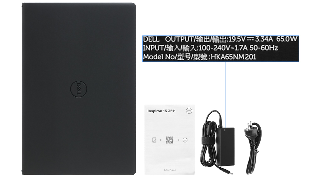 Bộ sản phẩm gồm: Dây nguồn, Sách hướng dẫn, Thùng máy, Sạc Laptop Dell