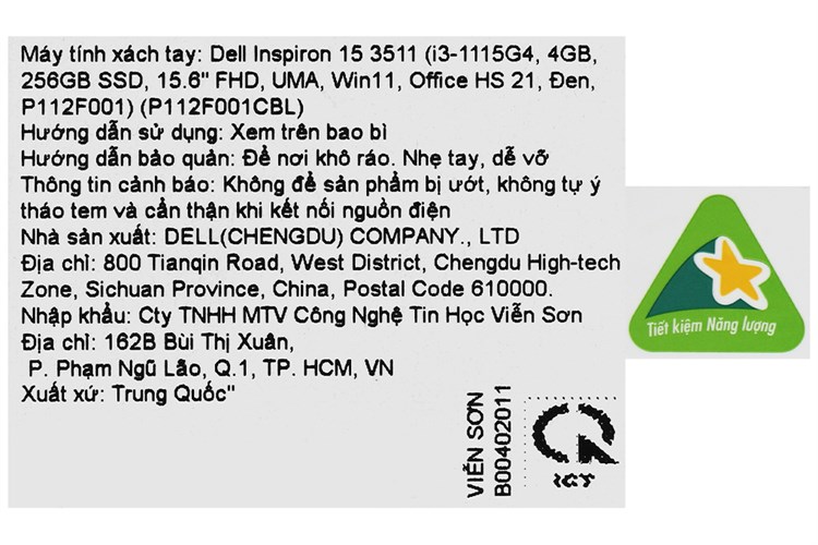 Laptop Dell Inspiron 15 3511 i3 1115G4/4GB/256GB/Office H&S/Win11 (P112F001CBL) Màu Đen