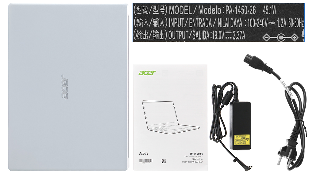 Bộ sản phẩm gồm: Dây nguồn, Sách hướng dẫn, Thùng máy, Sạc Laptop Acer