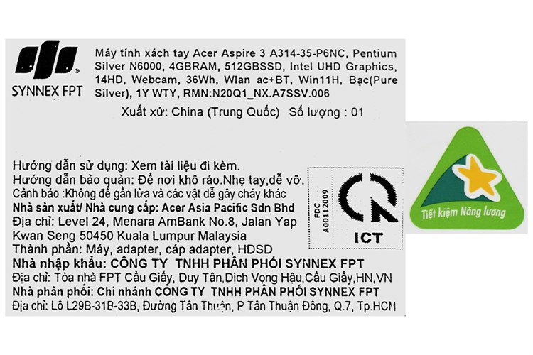 Laptop Acer Aspire 3 A314 35 P6NC N6000/4GB/512GB/Win11 (NX.A7SSV.006) Màu Bạc