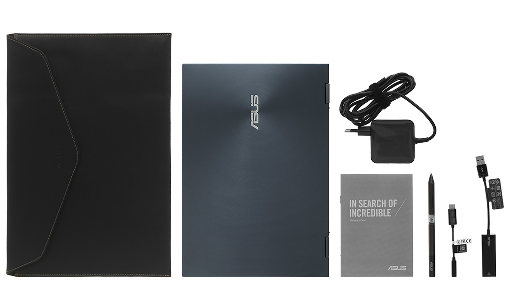 Bộ sản phẩm gồm: Sách hướng dẫn, Bao da, Bút cảm ứng, Thùng máy, Cáp ( Type C to 3.5mm ) , Adapter chuyển ( USB to LAN ) , Sạc Laptop Asus