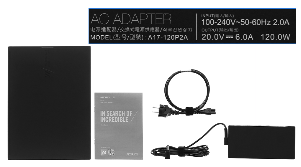 Bộ sản phẩm gồm: Dây nguồn, Sách hướng dẫn, Thùng máy, Sạc Laptop Asus