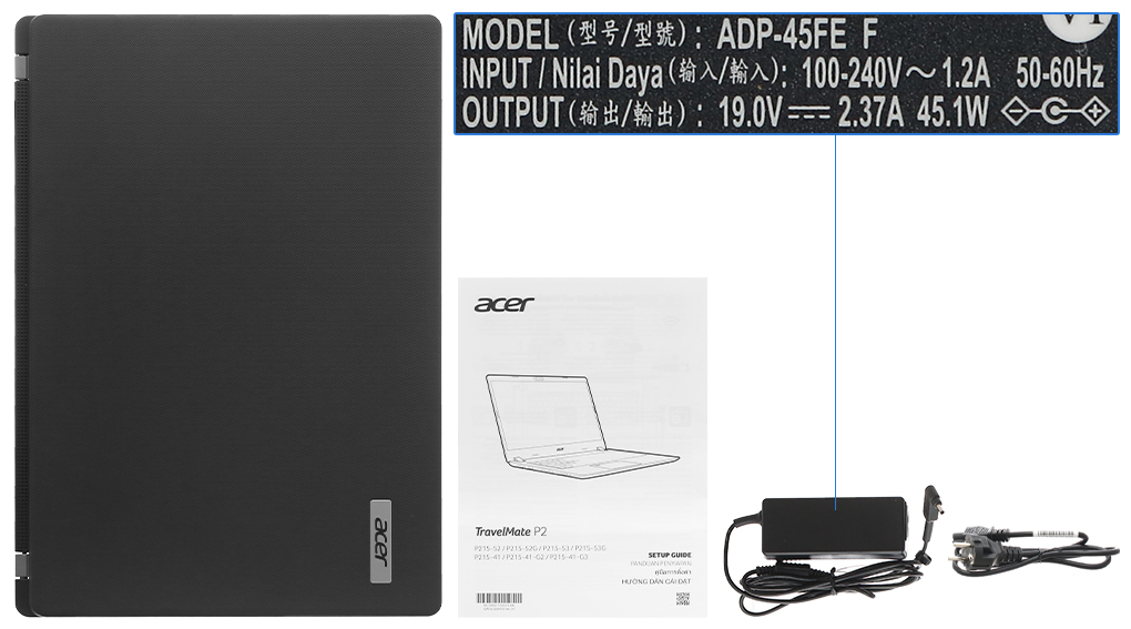 Bộ sản phẩm gồm: Dây nguồn, Sách hướng dẫn, Thùng máy, Sạc Laptop Acer