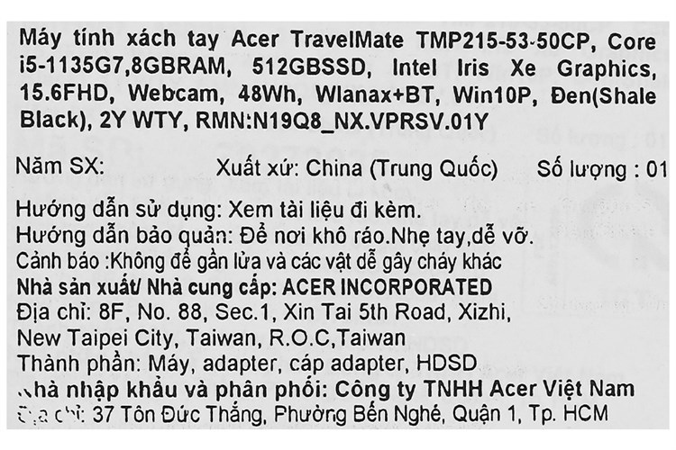 Laptop Acer TravelMate TMP215 53 50CP i5 1135G7/8GB/512GB/Win10 Pro (NX.VPRSV.01Y) Màu Đen