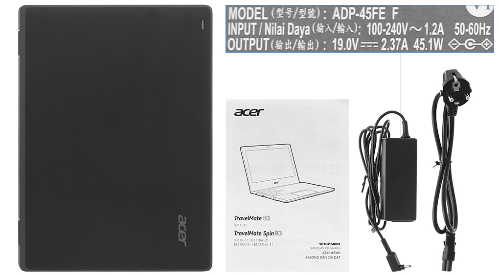 Bộ sản phẩm gồm: Dây nguồn, Sách hướng dẫn, Thùng máy, Sạc Laptop Acer