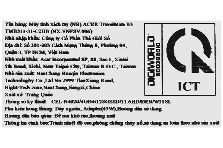 Laptop Acer TravelMate B3 TMB311 31 C2HB N4020/4GB/128GB/Win11 (NX.VNFSV.006) Màu Đen