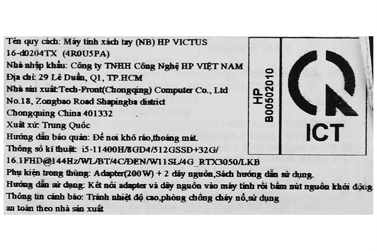Laptop HP Gaming VICTUS 16 d0204TX i5 11400H/8GB/32GB+512GB/4GB RTX3050/144Hz/Win11 (4R0U5PA) Màu Đen