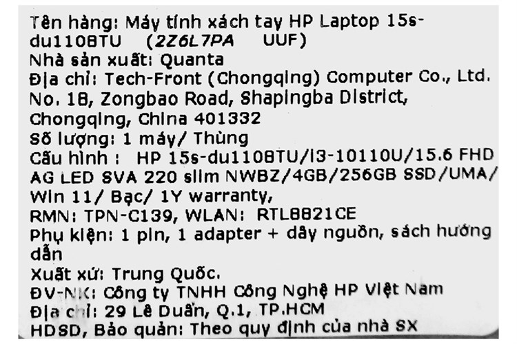 Laptop HP 15s du1108TU i3 10110U/4GB/256GB/Win11 (2Z6L7PA) Màu Bạc