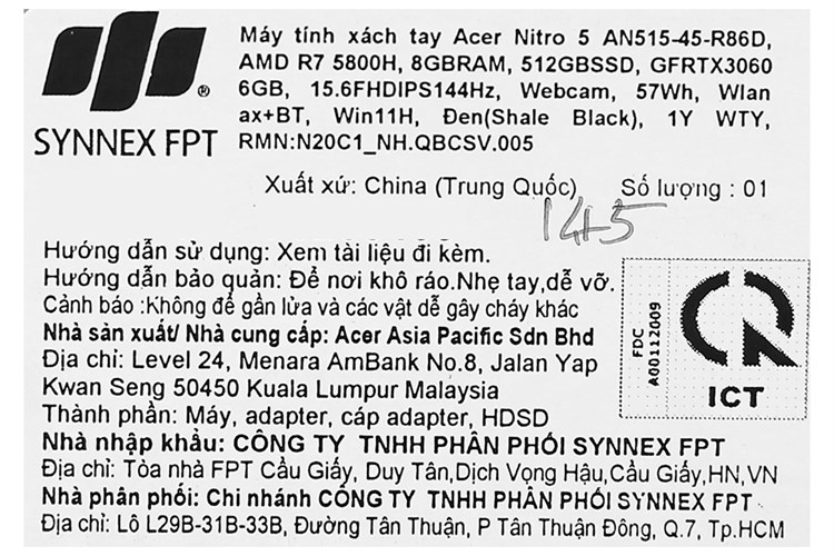 Laptop Acer Nitro 5 Gaming AN515 45 R86D R7 5800H/8GB/512GB/6GB RTX3060/144Hz/Win11 (NH.QBCSV.005) Màu Đen