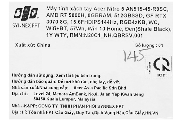 Laptop Acer Nitro 5 AN515 45 R9SC R7 5800H/8GB/512GB/8GB RTX3070/144Hz/Win10 (NH.QBRSV.001) Màu Đen