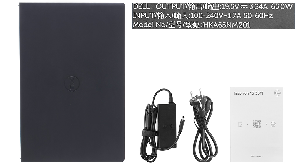Bộ sản phẩm gồm: Dây nguồn, Sách hướng dẫn, Thùng máy, Sạc Laptop Dell