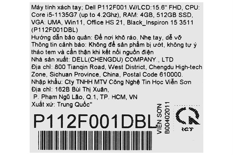 Laptop Dell Inspiron 15 3511 i5 1135G7/4GB/512GB/OfficeHS/Win11 (P112F001DBL) Màu Đen