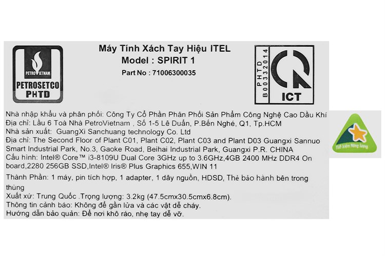 Laptop itel SPIRIT 1 i3 8109U/4GB/256GB/Win11 (71006300035) Màu Xám