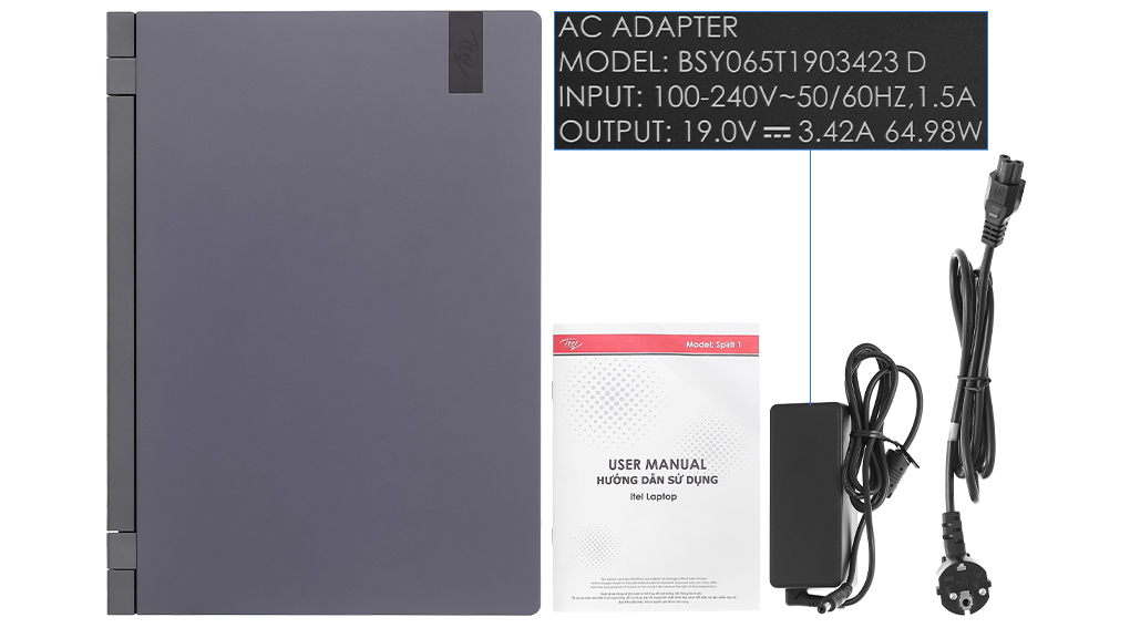 Bộ sản phẩm gồm: Dây nguồn, Sách hướng dẫn, Thùng máy, Adapter sạc