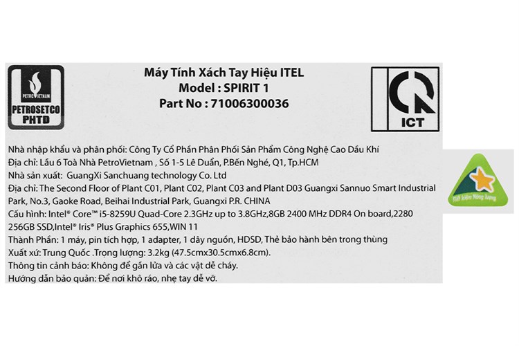 Laptop itel SPIRIT 1 i5 8259U/8GB/256GB/Win11 (71006300036) Màu Xám