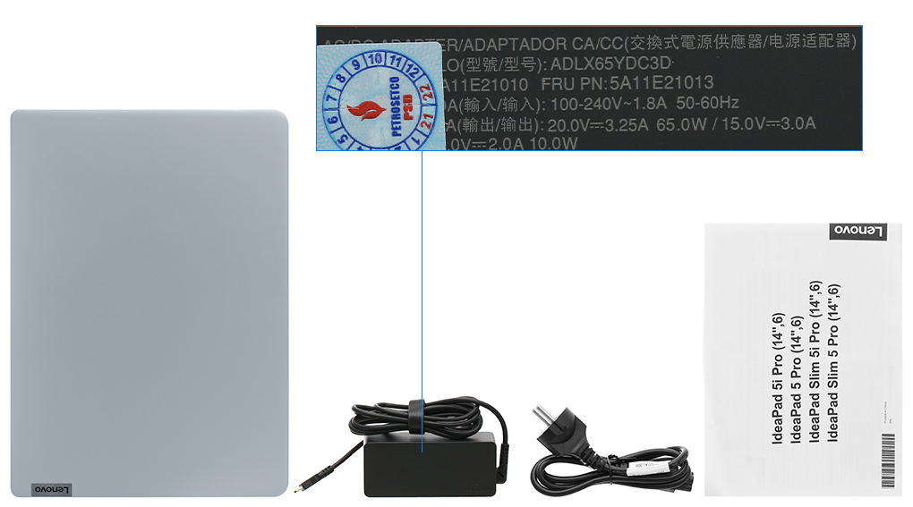 Bộ sản phẩm gồm: Dây nguồn, Sách hướng dẫn, Thùng máy, Sạc Laptop Lenovo