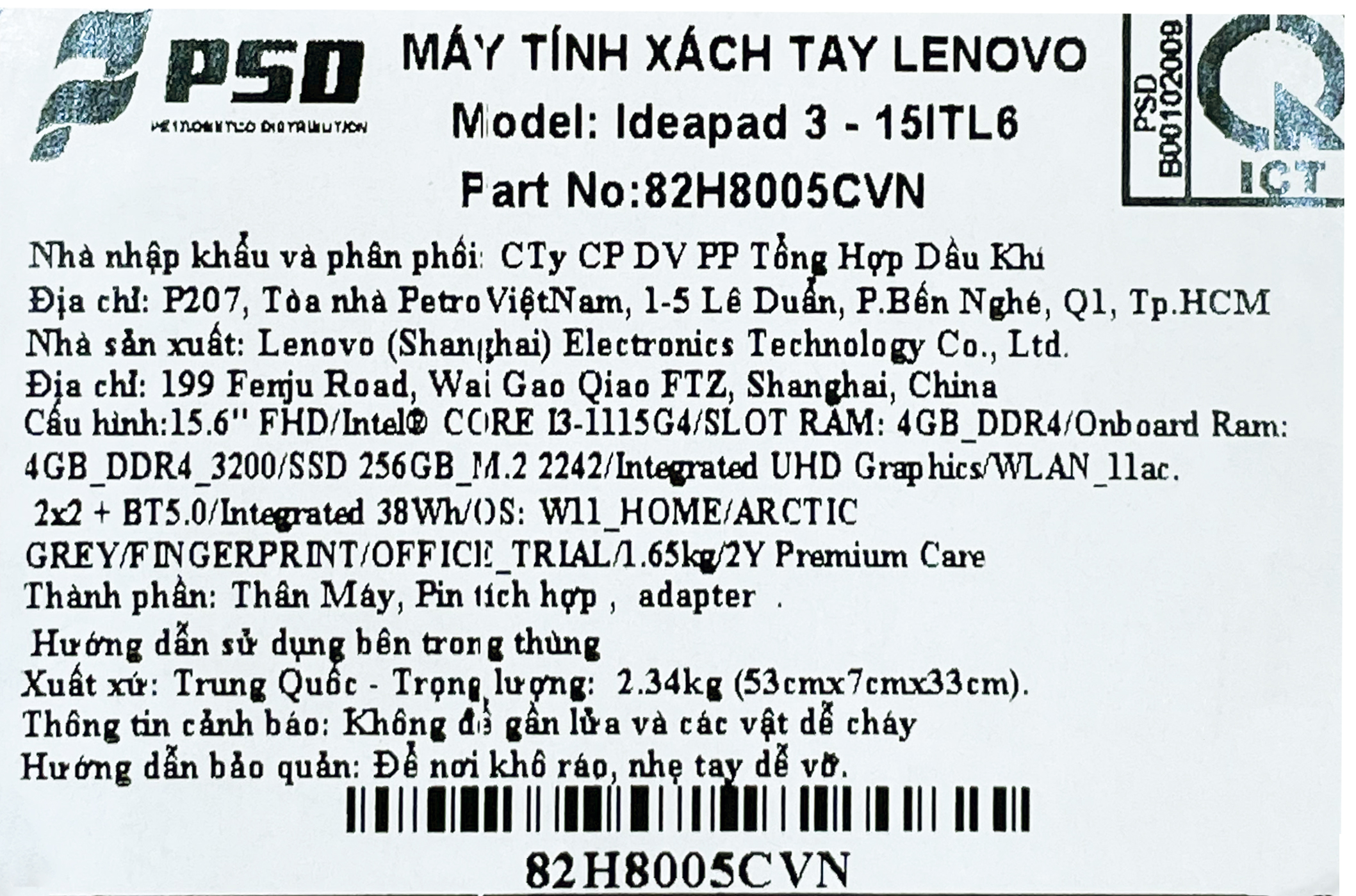 Bán laptop Lenovo Ideapad 3 15ITL6 i3 1115G4/8GB/256GB/Win11 (82H8005CVN)