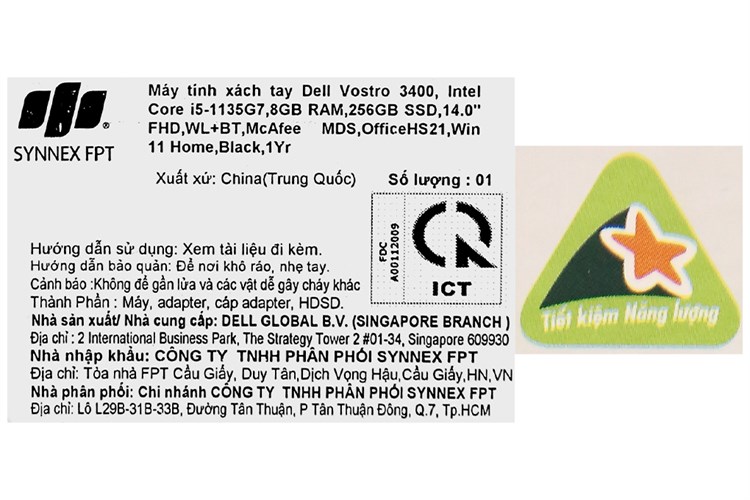 Laptop Dell Vostro 3400 i5 1135G7/8GB/256GB/OfficeHS/Win11 (70270645) Màu Đen