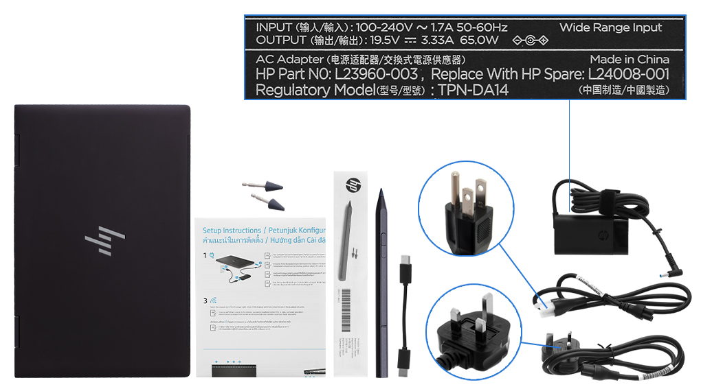 Bộ sản phẩm gồm: Dây nguồn ( 2 dây ) , Sách hướng dẫn, Bút cảm ứng ( kèm 2 đầu bút ) , Thùng máy, Cáp ( Cáp chuyển ) , Sạc Laptop HP