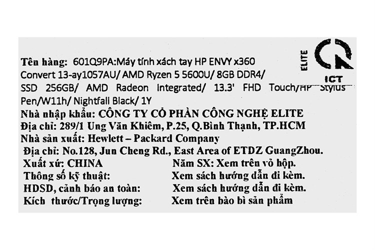 Laptop HP Envy x360 Convert 13 ay1057AU R5 5600U/8GB/256GB/Touch/Pen/Win11 (601Q9PA) Màu Đen