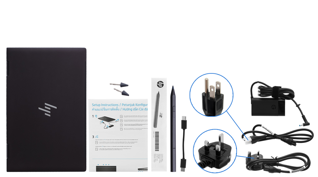 Bộ sản phẩm gồm: Dây nguồn ( 2 dây ) , Sách hướng dẫn, Bút cảm ứng, Thùng máy, Sạc Laptop HP
