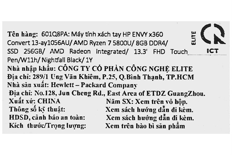 Laptop HP Envy x360 Convert 13 ay1056AU R7 5800U/8GB/256GB/Touch/Pen/Win11 (601Q8PA) Màu Đen