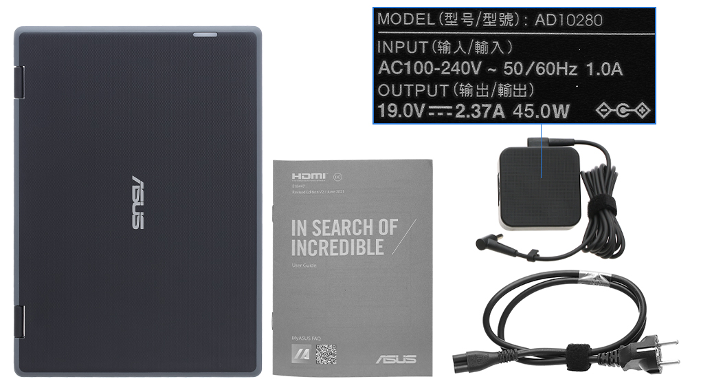 Bộ sản phẩm gồm: Dây nguồn, Sách hướng dẫn, Thùng máy, Sạc Laptop Asus