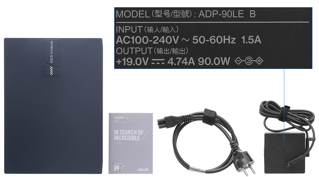 Bộ sản phẩm gồm: Dây nguồn, Sách hướng dẫn, Thùng máy, Sạc Laptop Asus