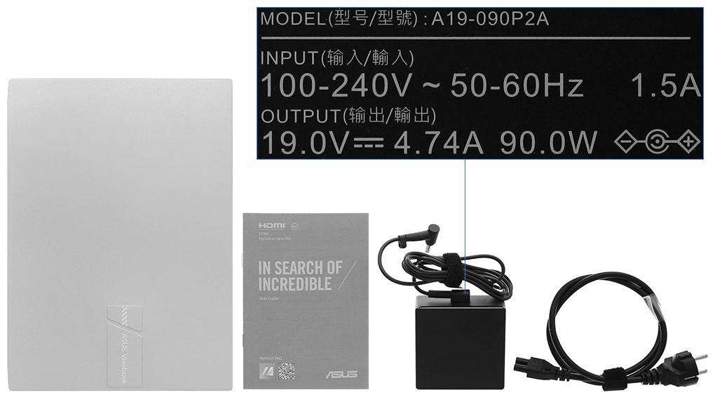 Bộ sản phẩm gồm: Dây nguồn, Sách hướng dẫn, Thùng máy, Sạc Laptop Asus