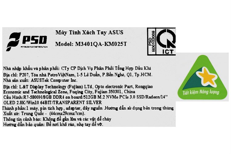 Laptop Asus VivoBook Pro 14 OLED M3401QA R7 5800H/8GB//512GB/90Hz/Win10 (KM025T) Màu Bạc