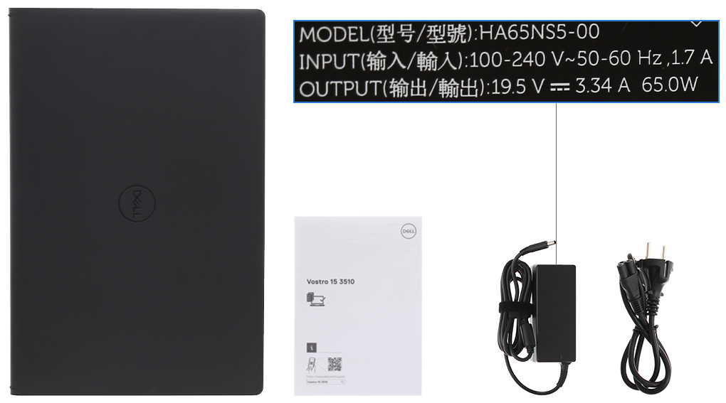 Bộ sản phẩm gồm: Dây nguồn, Sách hướng dẫn, Thùng máy, Sạc Laptop Dell