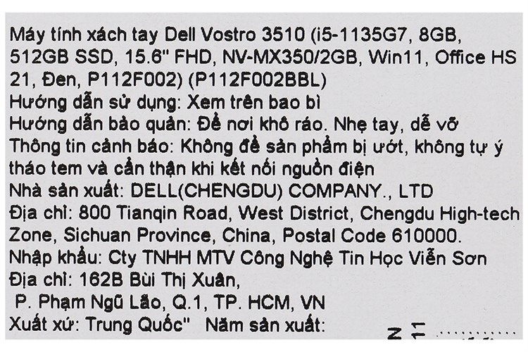 Laptop Dell Vostro 3510 i5 1135G7/8GB/512GB/2GB MX350/OfficeHS/Win11 (P112F002BBL) Màu Đen