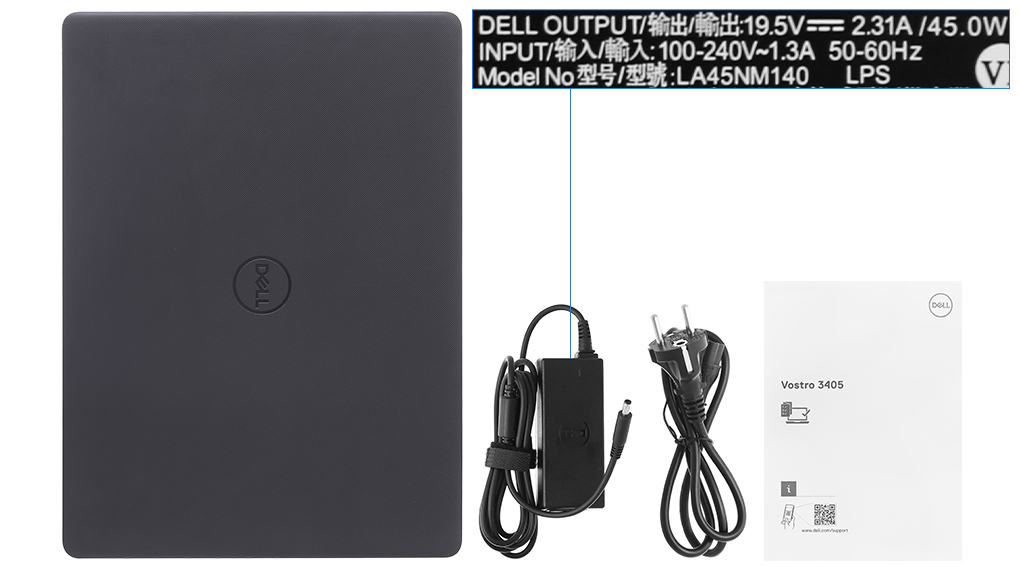 Bộ sản phẩm gồm: Dây nguồn, Sách hướng dẫn, Thùng máy, Sạc Laptop Dell