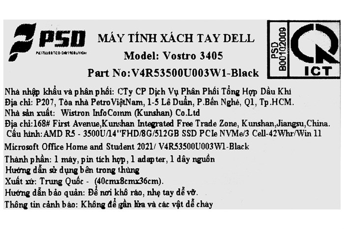 Laptop Dell Vostro 3405 R5 3500U/8GB/512GB/Office H&S/Win11 (V4R53500U003W1) Màu Đen