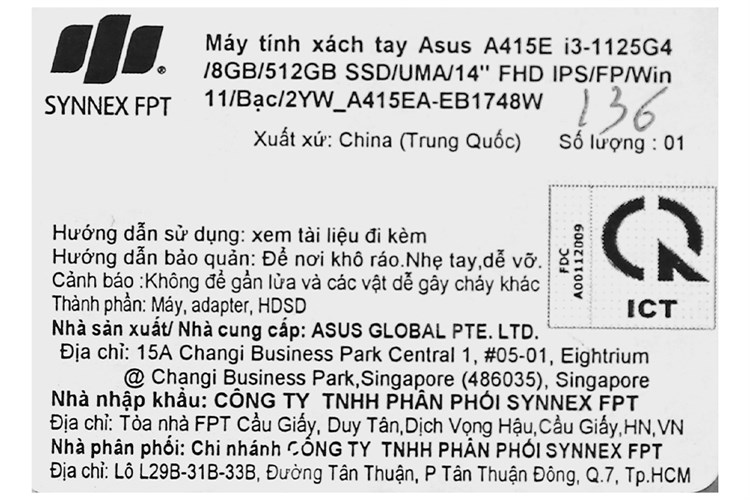 Laptop Asus VivoBook A415EA i3 1125G4/8GB/512GB/Win11 (EB1748W) Màu Bạc