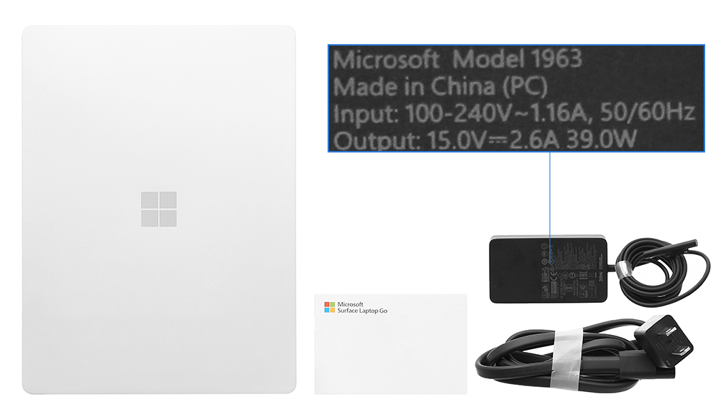 Bộ sản phẩm gồm: Dây nguồn, Sách hướng dẫn, Thùng máy, Adapter sạc Microsoft Surface