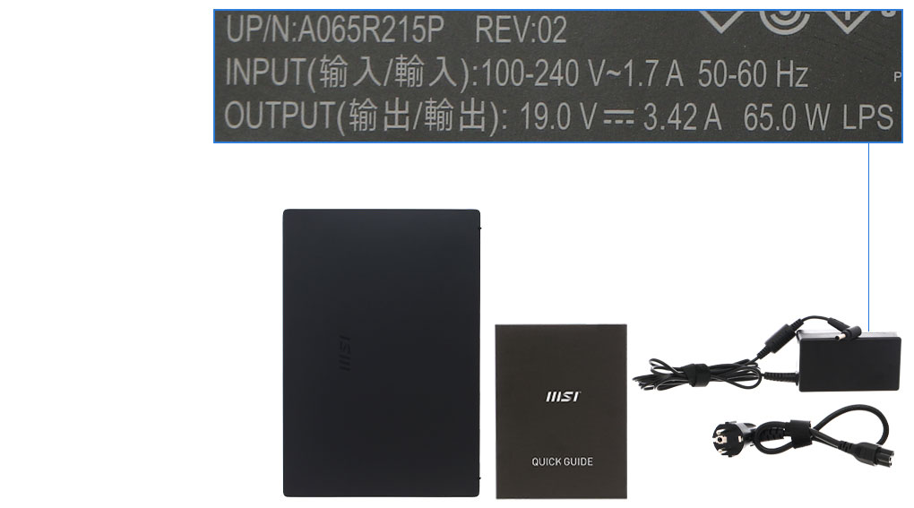 Bộ sản phẩm gồm: Dây nguồn, Sách hướng dẫn, Thùng máy, Sạc Laptop MSI