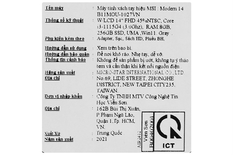 Laptop MSI Modern 14 B11MOU i3 1115G4/8GB/256GB/Win11 (1027VN) Màu Xám