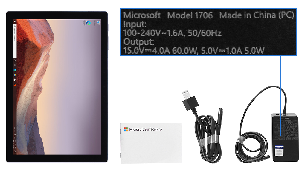 Bộ sản phẩm gồm: Dây nguồn, Sách hướng dẫn, Thùng máy, Adapter sạc Microsoft Surface