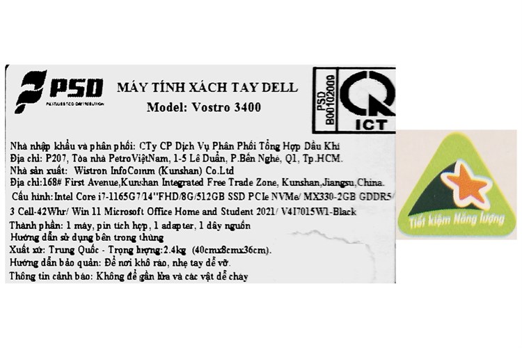 Laptop Dell Vostro 3400 i7 1165G7/8GB/512GB/2GB MX330/Office H&S/Win11 (V4I7015W1) Màu Đen