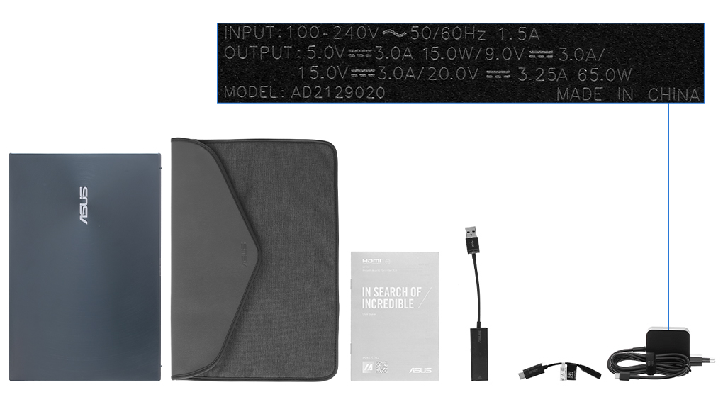Bộ sản phẩm gồm: Sách hướng dẫn, Bao da, Thùng máy, Cáp ( Type C to 3.5mm ) , Adapter chuyển ( USB to LAN ) , Sạc Laptop Asus