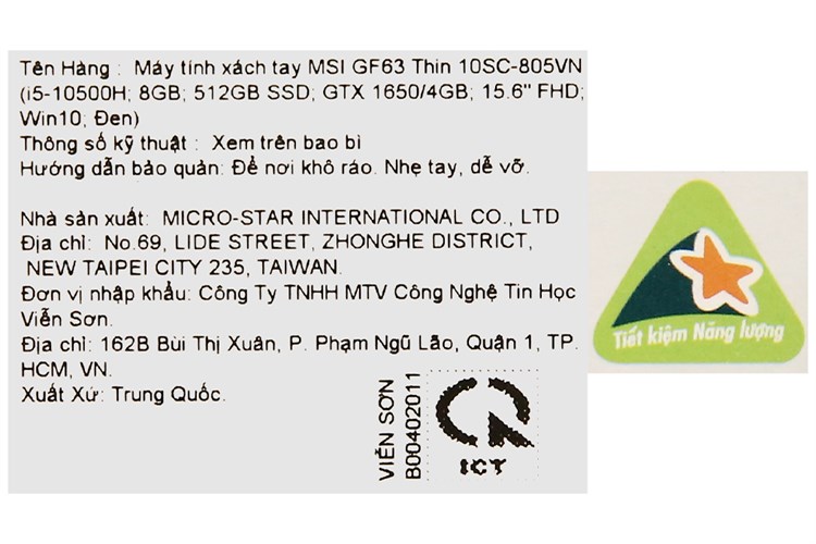 Laptop MSI Gaming GF63 Thin 10SC i5 10500H/8GB/512GB/4GB GTX1650 Max-Q/Win10 (805VN) Màu Đen